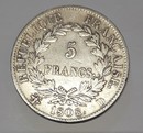 Napoléon 1808 tête laurée calendrier grégorien 5 francs, République Française, pièce argent