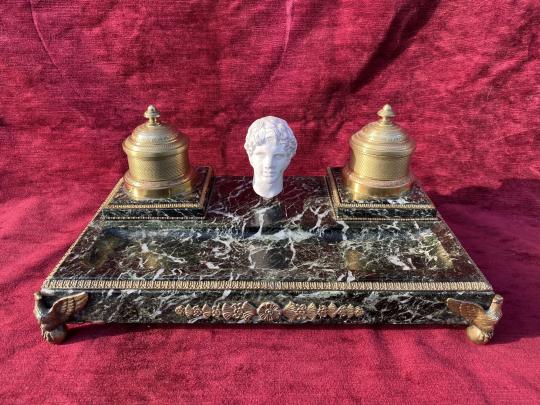Magnifique encrier Style Empire en bronze doré et marbre vert - Epoque XIXe siècle