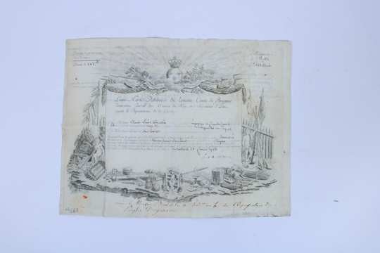 Parchemin d'attribution d'une pension de 262 livres à Claude Louis Sarrazin, Regiment de Metz Artillerie. Ancien régime.
