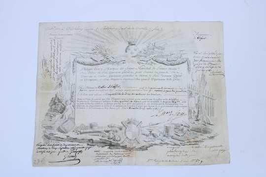 Parchemin d'attribution d'une pension de 180 livres à Mathis Schöffler sergent des grenadiers au régiment de Vigier. Ancien régime. 