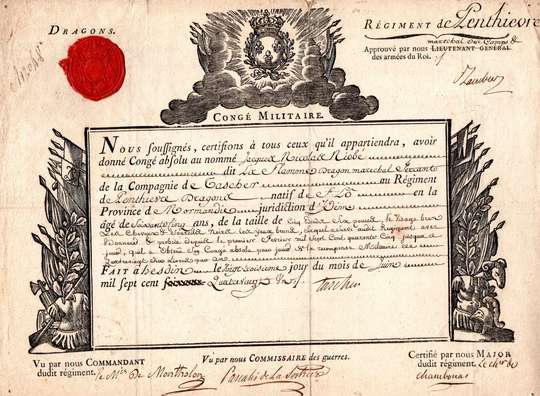 Congé militaire absolu donné en 1780 au nommé Jacques Nicolas Riobé, du régiment Penthièvre Dragon