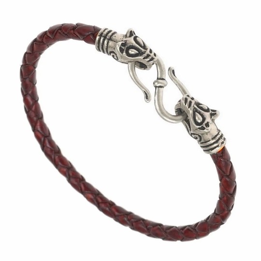 Bracelet cuir et métal avec tête de loup