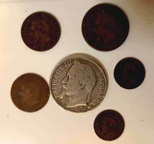 Lot 5 francs Napoléon III et 5 pièces cuivre