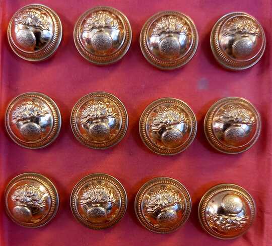 Boutons d'officier d'infanterie, bombés, aspect laiton, diam 17 mm, 3 ème republique. Neuf de stock. Prix à l'unité