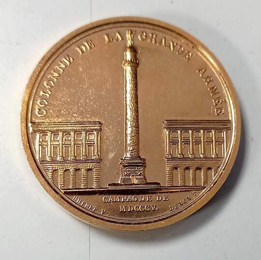 Refrappe moderne en bronze doré, médaille commémorative napoléonienne de Denon et Jaley: Colonne de la Grande Armée