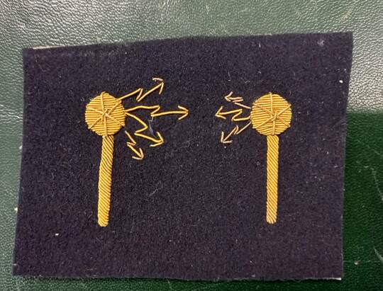 Insigne de sous officier RADIO-TELEGRAPHISTE de la Marine. 2 antennes or/bleu marine très foncé. Grande Guerre. Très bon état.