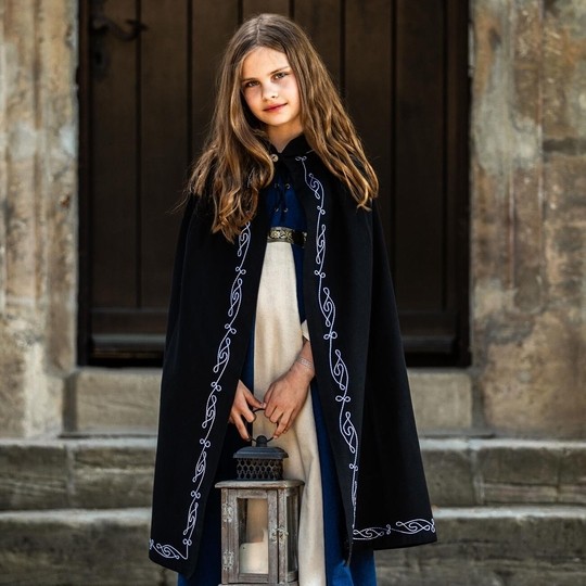 Cape en coton noir Manuelle enfant - Bordures brodées