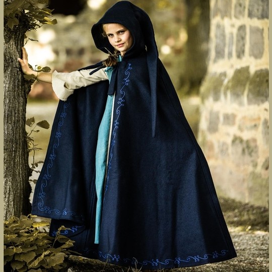 Cape médiévale Sonia enfant avec capuche longue et broderies