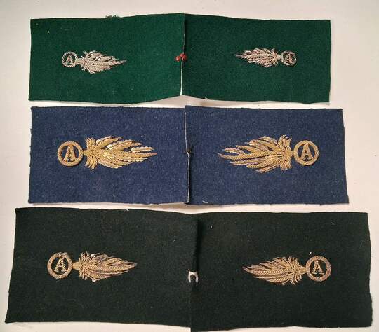 Paire d'insignes de col de conducteur automobile. Grenades au A brodées or ou argent. Grande Guerre 