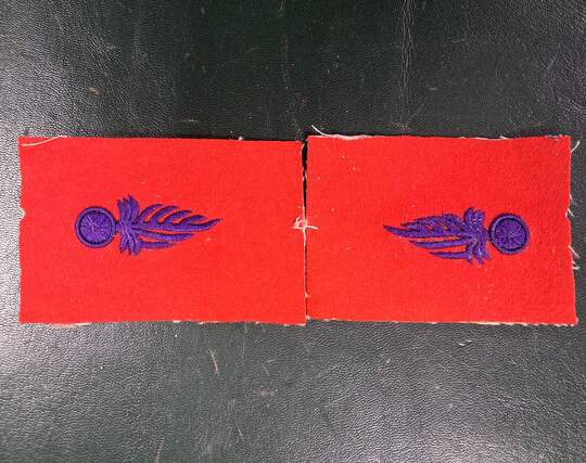 Paire d'insignes de col à la grenade allongée assymétrique. Une seule paire disponible. Violet/rouge